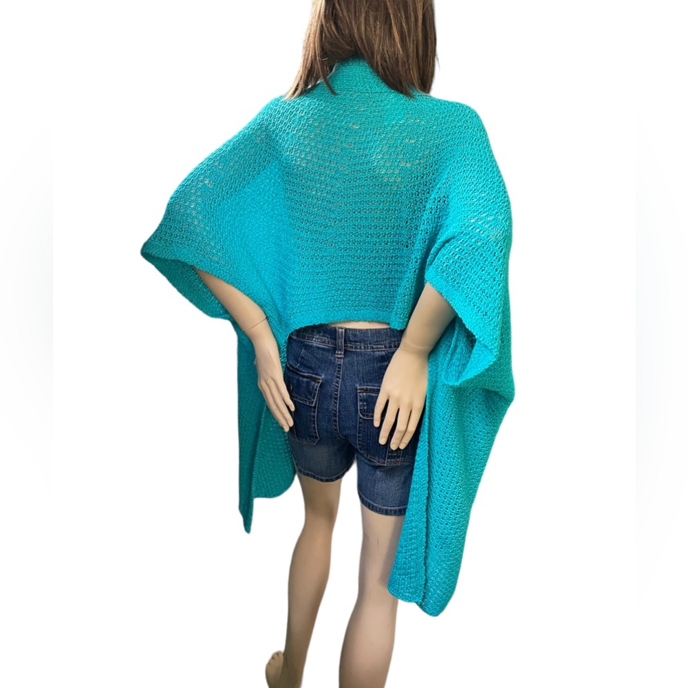 Chico’s Aqua Blue Sleeved Crochet Knit Shawl Wrap Cape Sweater Size Small/Medium - Picture 5 of 7